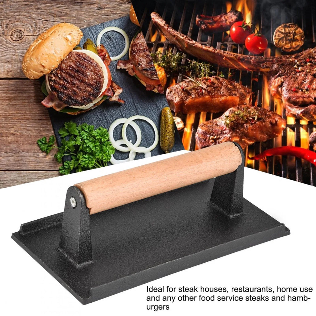 Commercial Cast Iron Steak Press with Wooden Handle D4896