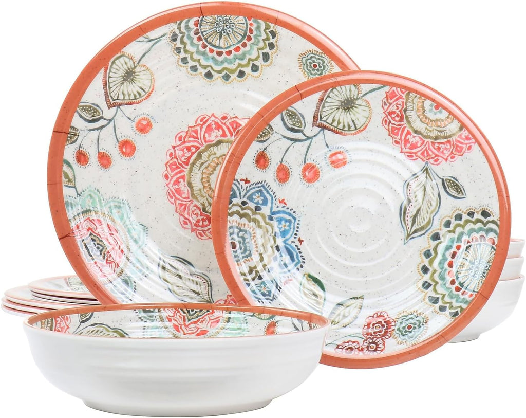 12 Piece Melamine Dinnerware Set, Multi Colored Y4653