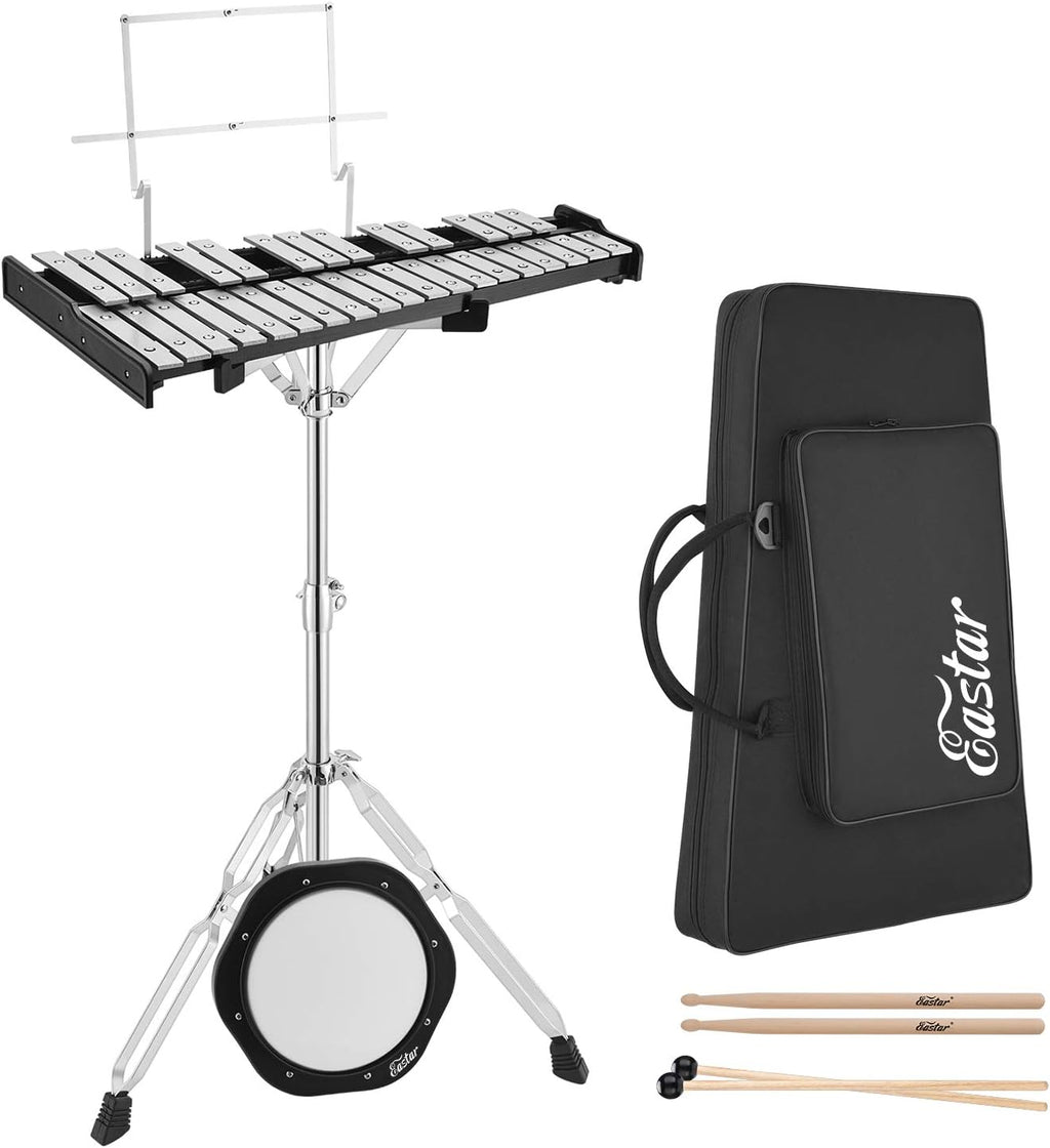 32 Note Glockenspiel Xylophone Bell Kit with 8 Inch Drum Practice Pad, Stand, Carrying Bag O3076