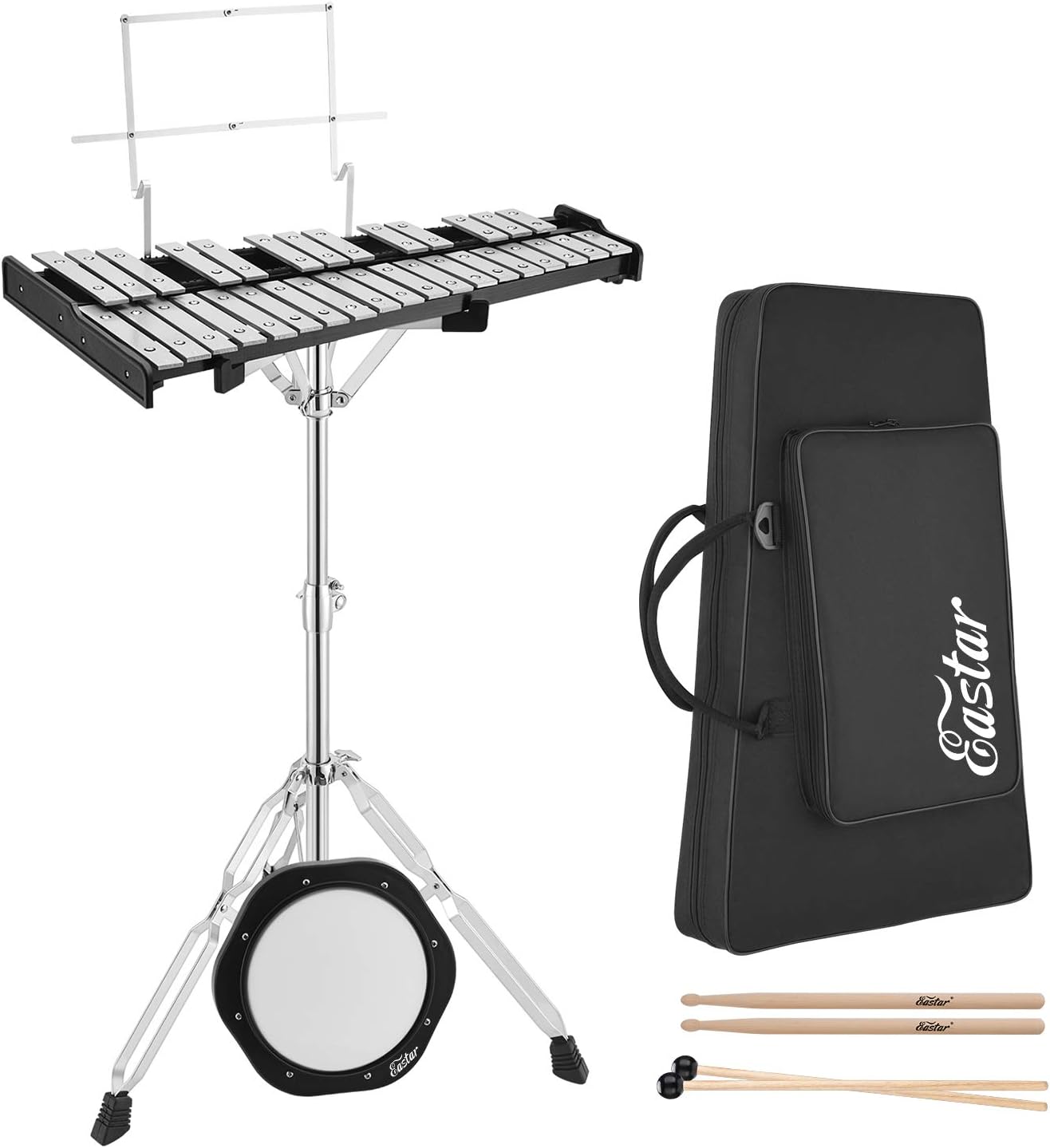 32 Note Glockenspiel Xylophone Bell Kit with 8 Inch Drum Practice Pad, Stand, Carrying Bag O3076