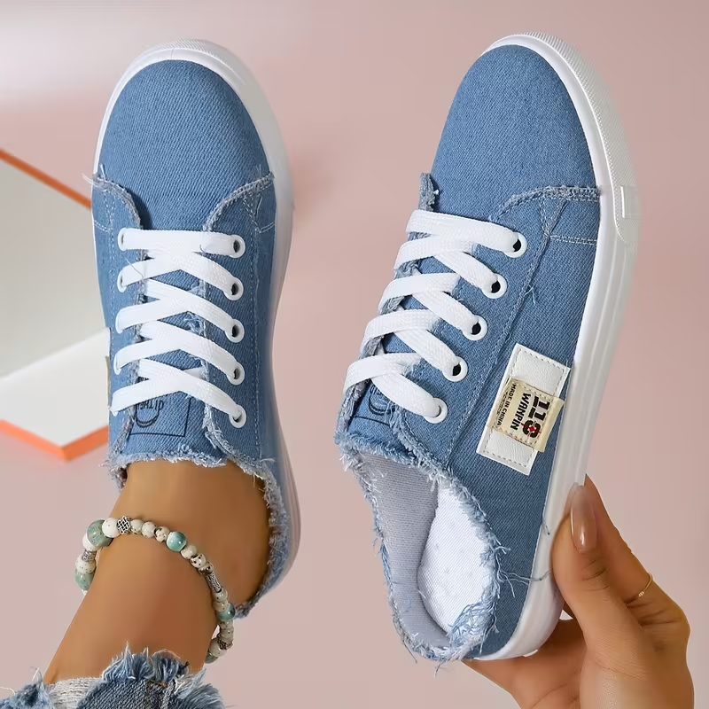 Women's Casual Canvas Slip-On Sneakers – Distressed Frayed Edge Mule Shoes