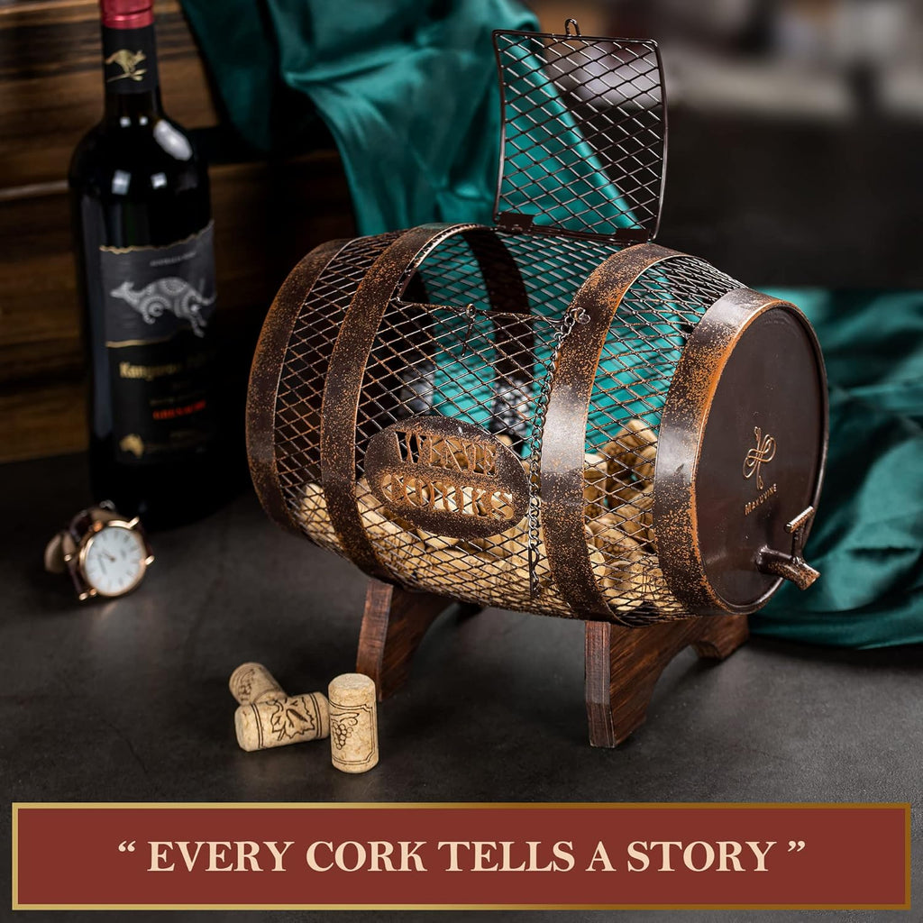 Rustic Metal Large Barrel Wine Cork Holder Display On Wooden Stand L42063