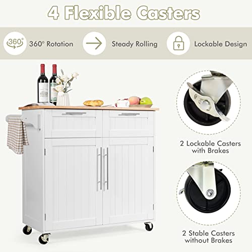White Rolling Kitchen Island Cart with Storage and Lockable Wheels L1946