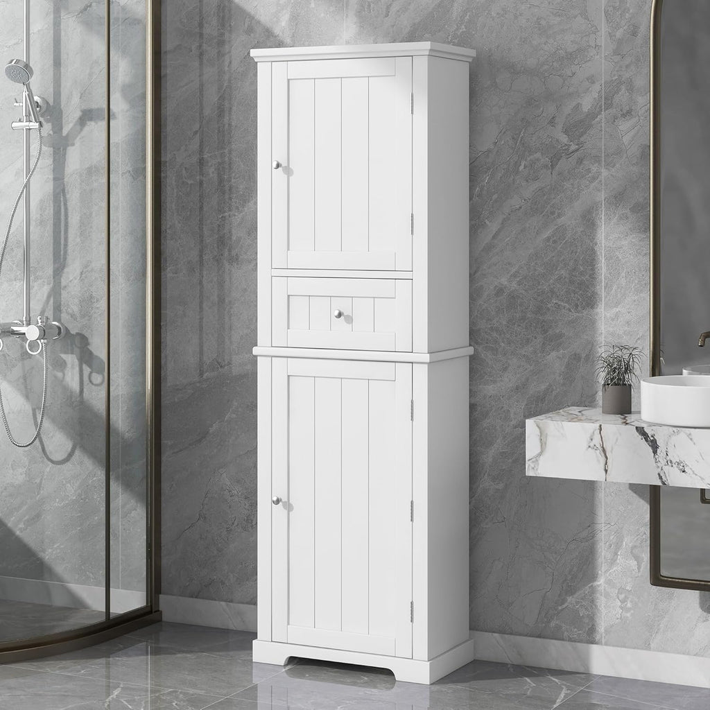 White Tall Linen Bathroom Storage Cabinet with 2 Doors and 1 Drawer L846932