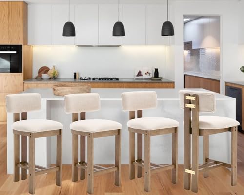 Set of 4 Beige Linen Upholstered Bar Height Stools with Hardwood Frame F283047