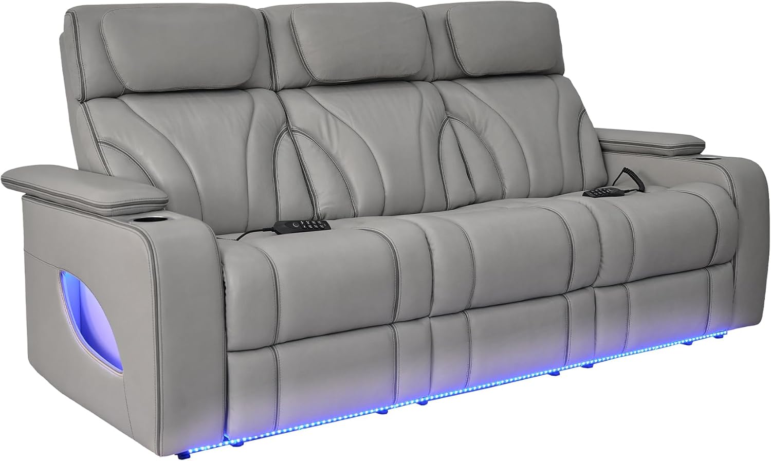 86" Wide Silver Gray Top Grain Leather Power Reclining Heated Massage Sofa S6515