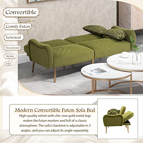 Beige Velvet Convertible Futon Sofa Bed with 2 Pillows Q4414