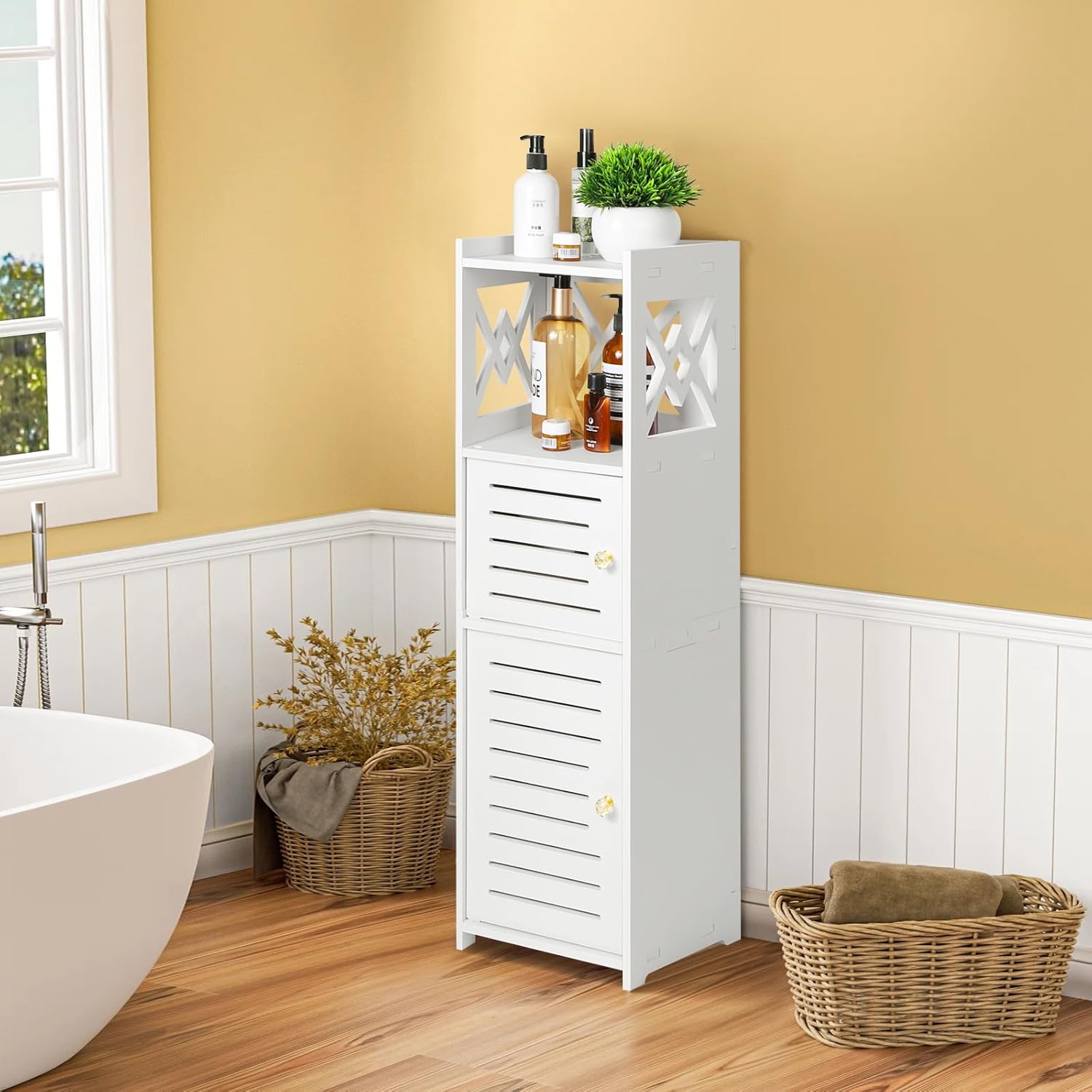 Slim Bathroom Storage Cabinet with Double Door and 3 Tier Shelf J7195