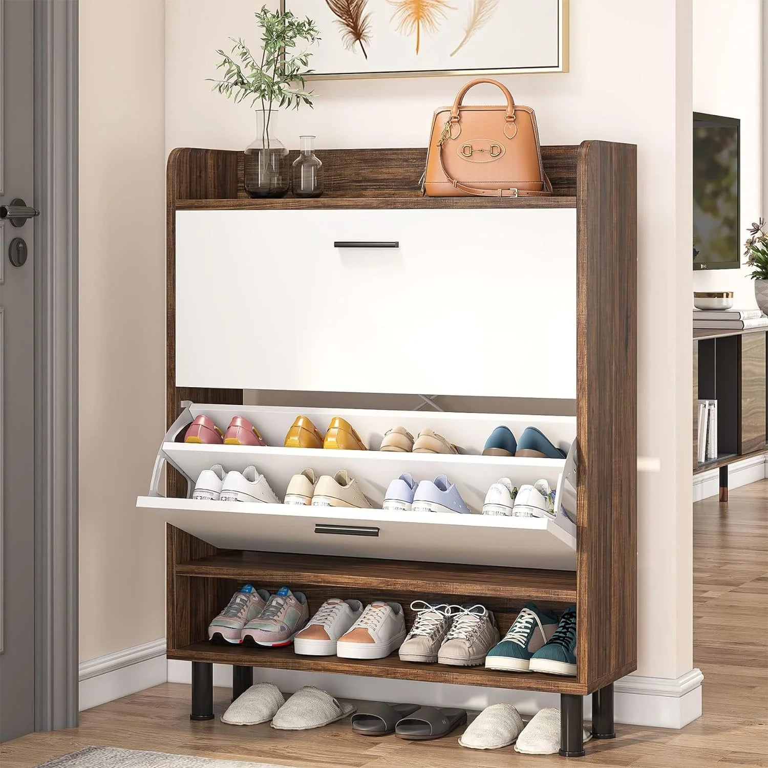 2-Tier Shoe Storage Cabinet with Flip Doors (Brown) K58245