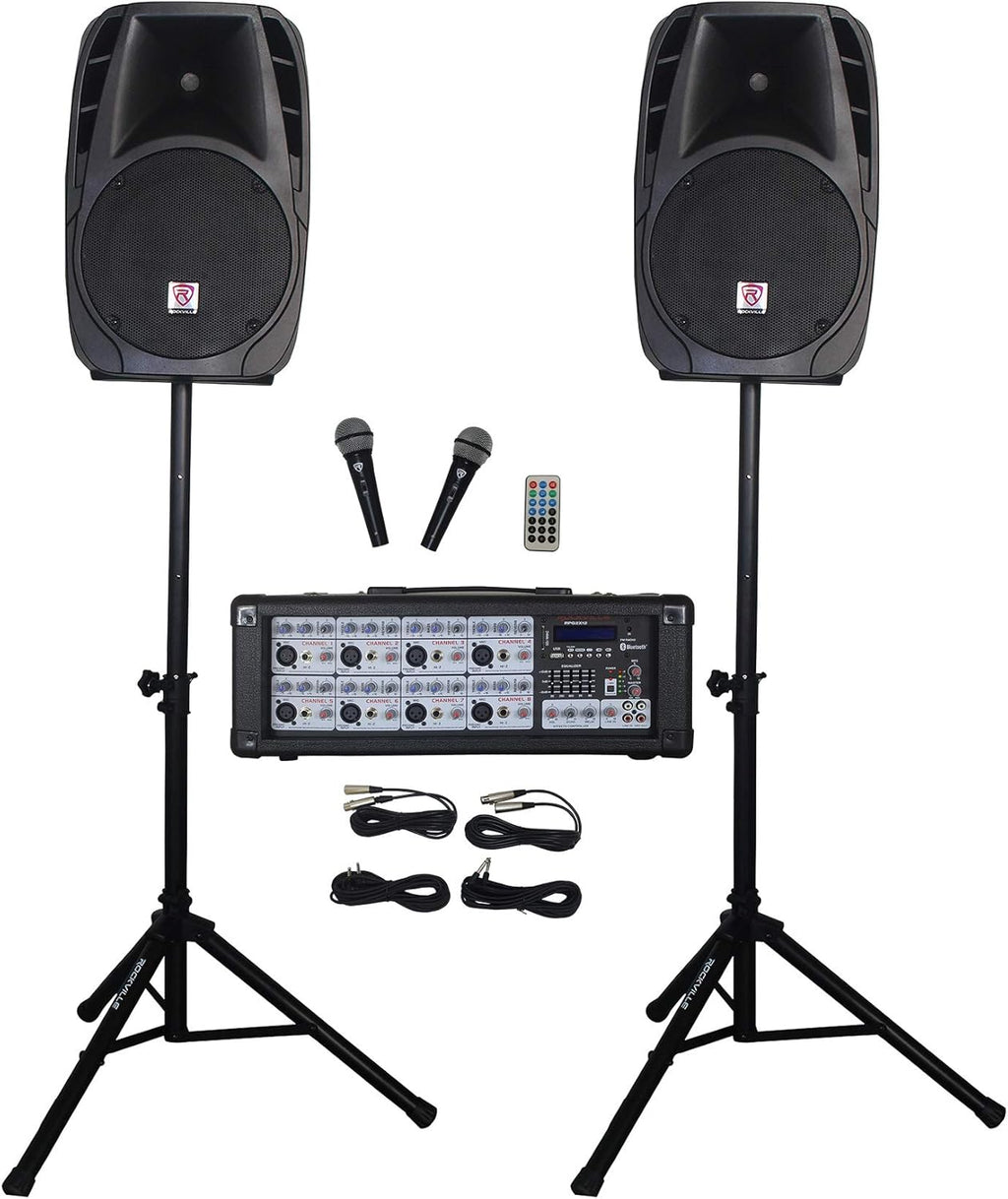 PA System Mixer/Amp with 12" Speakers, Stands, Mics, Bluetooth U237797