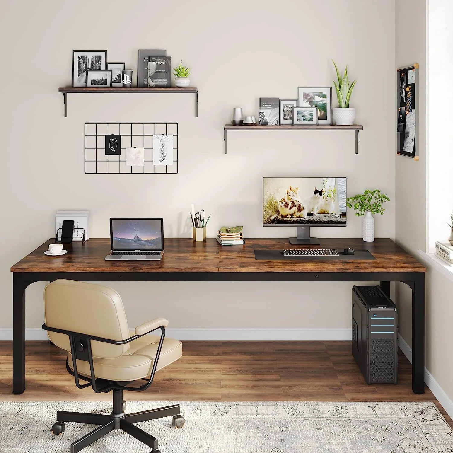 78.7 inches Extra Long Computer Desk with Adjustable Foot Pads, Rustic Brown I896235