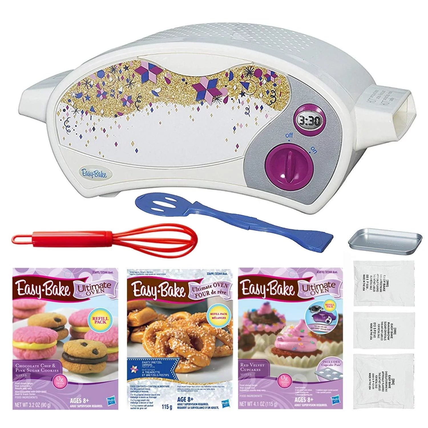 Easy Bake Oven + Chocolate Chip and Pink Sugar Refill + Red Velvet Cupcakes Refill + Party Pretzel Refill Pack + Mini Whisk C719518