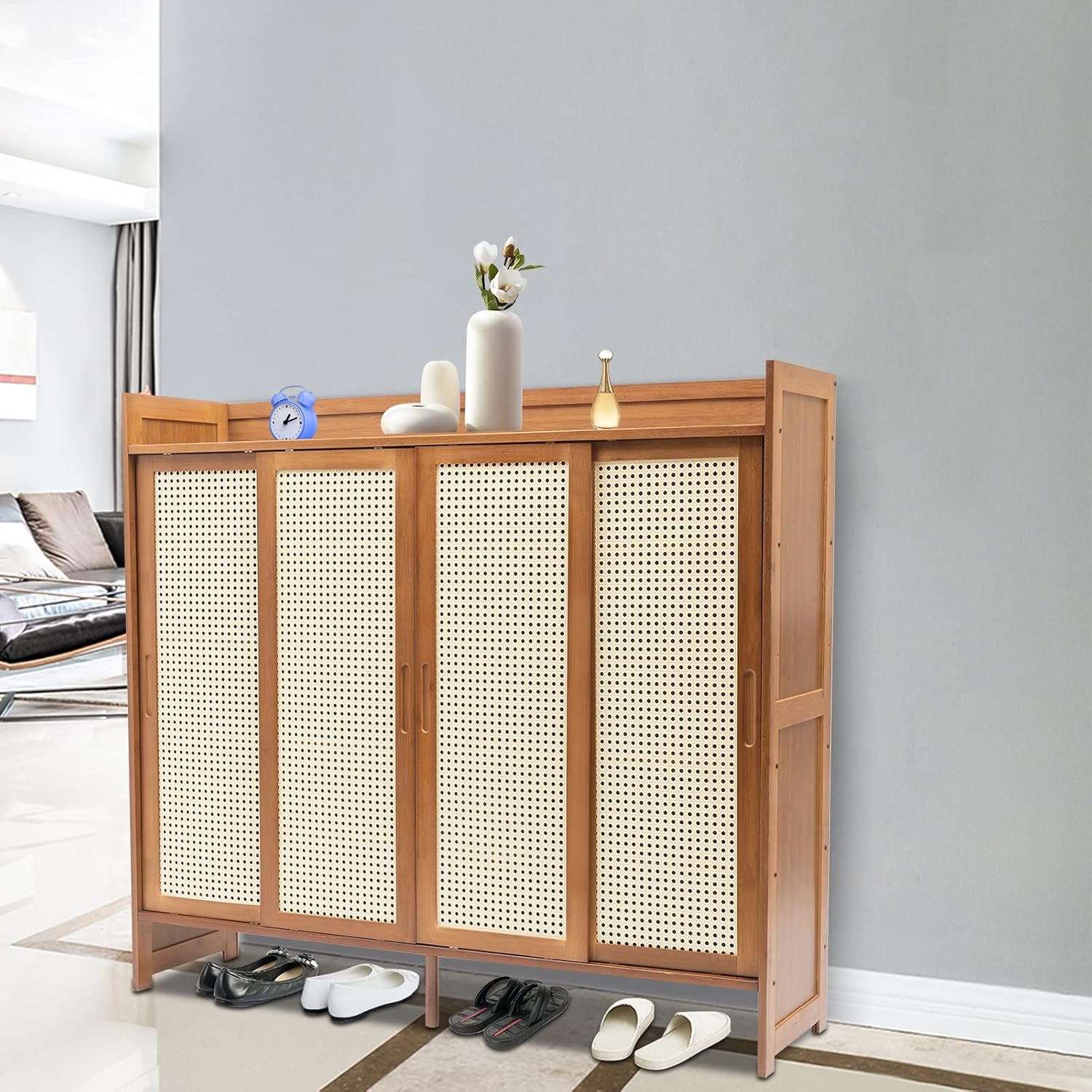 Natural Bamboo 6 Tier Shoe Cabinet with Grid Doors B623930