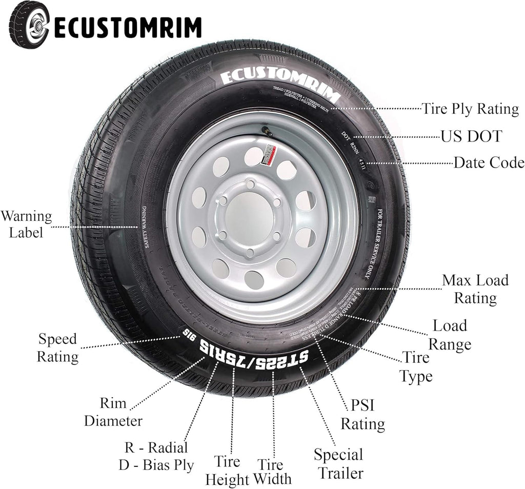 Radial Trailer Tire On Rim ST225/75R15 6 Lug Wheel Galvanized Spoke H903
