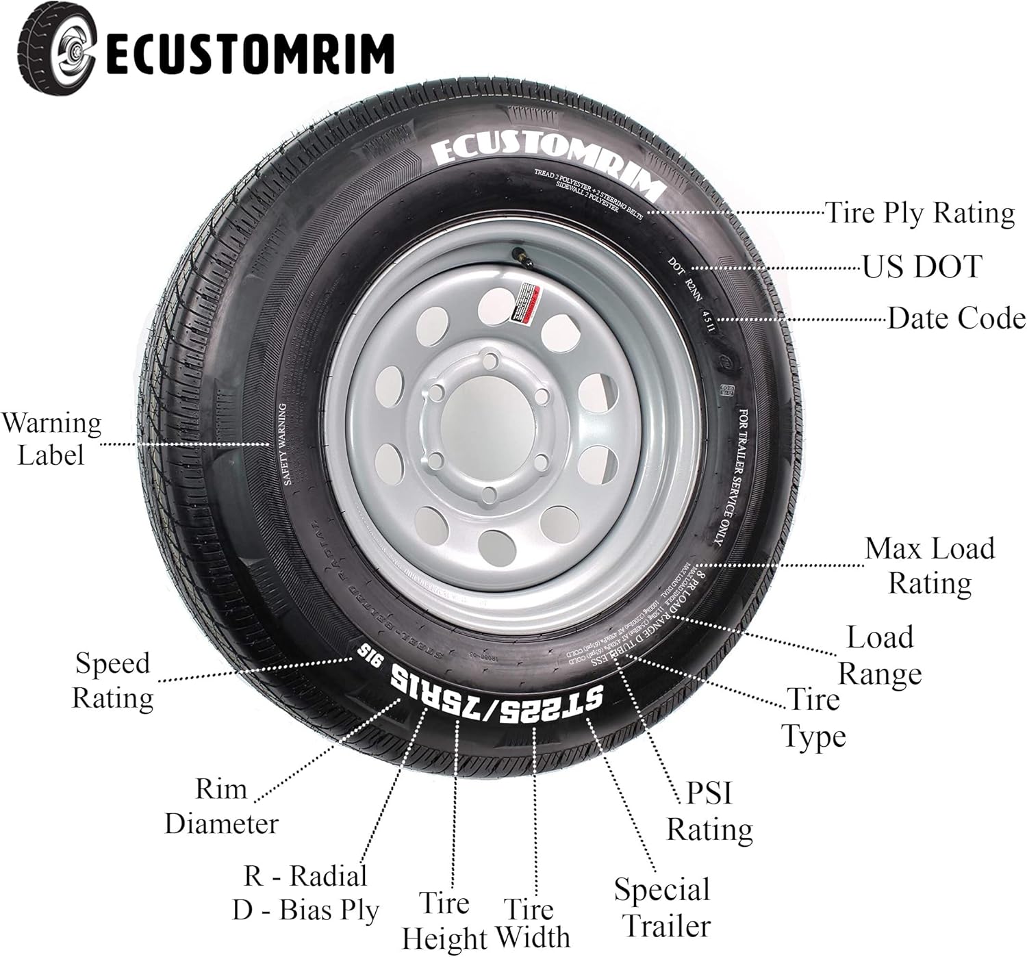 Radial Trailer Tire On Rim ST225/75R15 6 Lug Wheel Galvanized Spoke H903