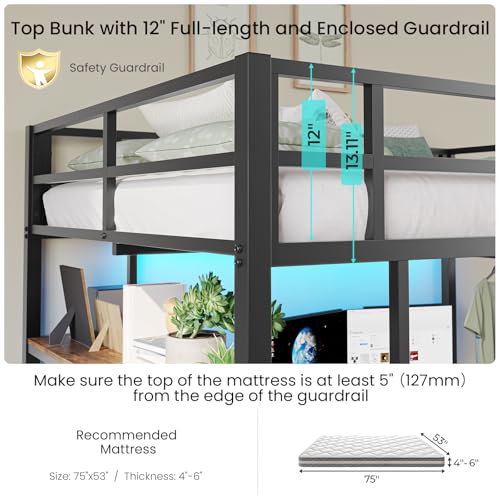 Full Size Loft Bed with L-Shaped Desk and Charging Station Metal Bed Frame with LED Lights B38506