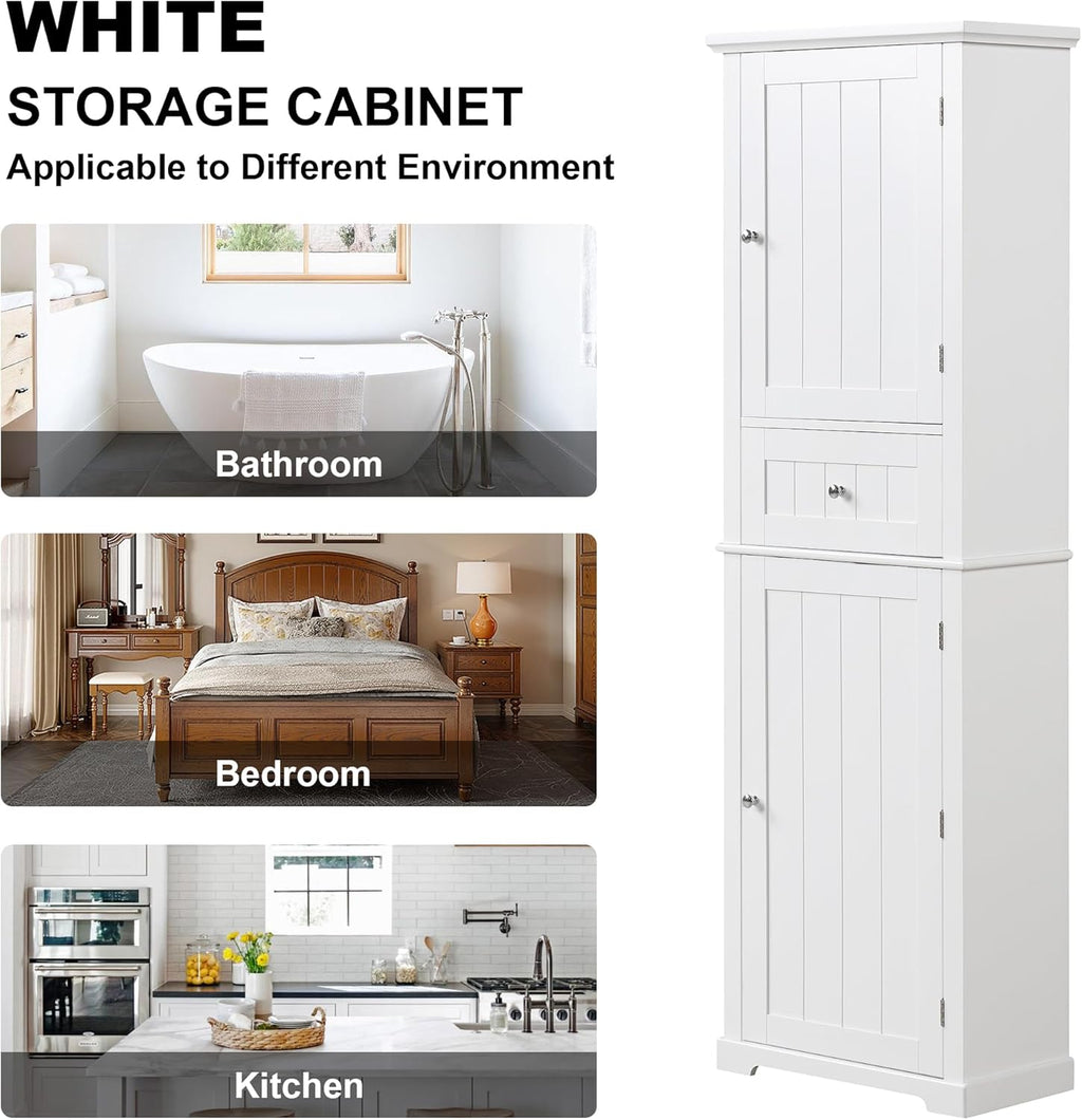 White Tall Linen Bathroom Storage Cabinet with 2 Doors and 1 Drawer L846932