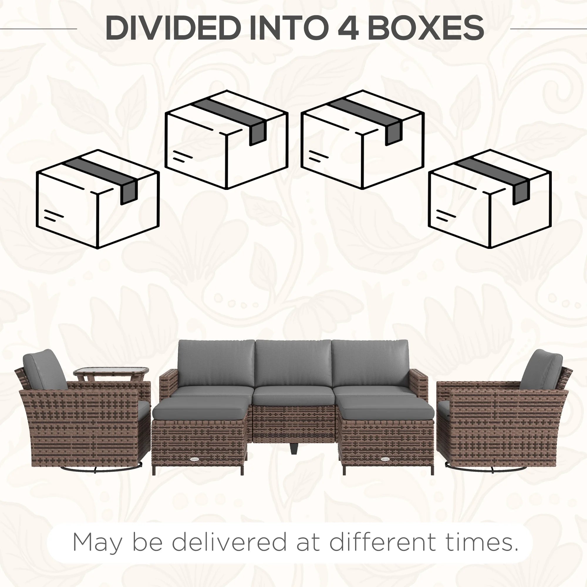 6pc Patio Furniture Set with Couch, Swivel Rocking Chairs, Brown A38731