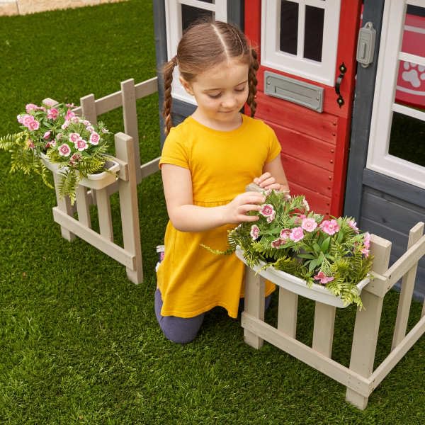 Wooden Playhouse with Working Doorbell, Fence, Kitchen and Pet Door M721348