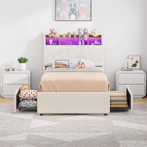 Beige Twin Upholstered Platform Bed Frame with 2 Storage Drawers and LED Lights G138