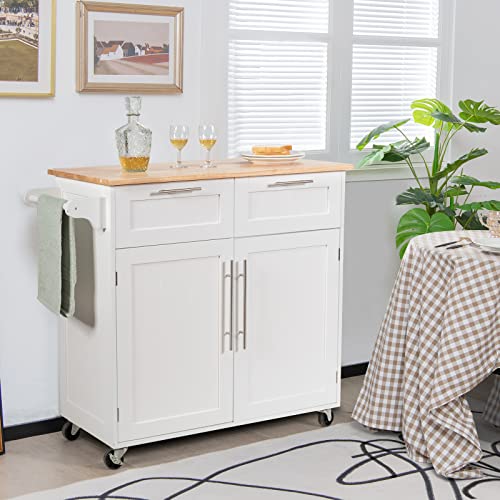 White Rolling Kitchen Island Cart with Storage and Lockable Wheels L1946