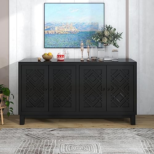 Black Farmhouse Buffet Sideboard with Adjustable Shelves and 4 Doors Wood Cabinet Y982139