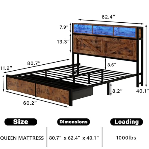 Full Size Bed Frame with Storage Bookcase Headboard and Drawers, RGB LED Lights, Vintage Brown I68269