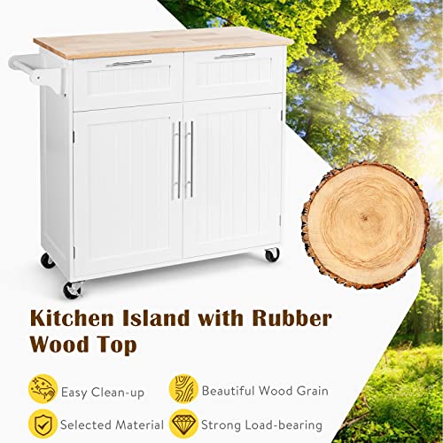 White Rolling Kitchen Island Cart with Storage and Lockable Wheels L1946
