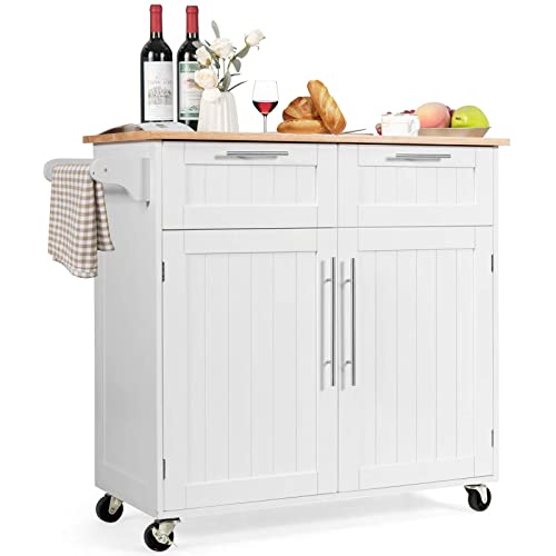 White Rolling Kitchen Island Cart with Storage and Lockable Wheels L1946