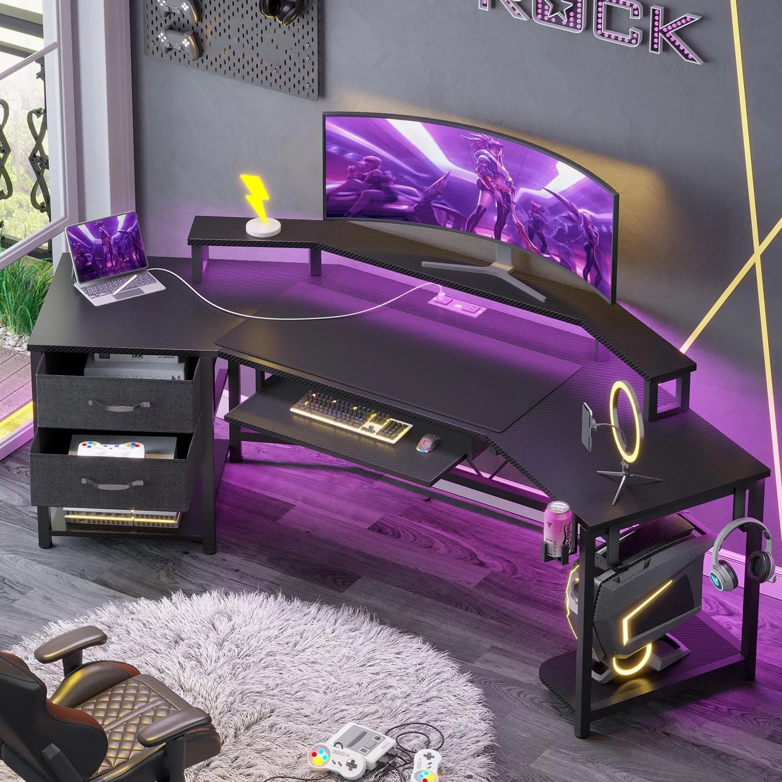 Black L Shaped Gaming Desk with LED Lights, Power Strip, 2 Fabric Drawers, Storage Shelf, Keyboard Tray D138428
