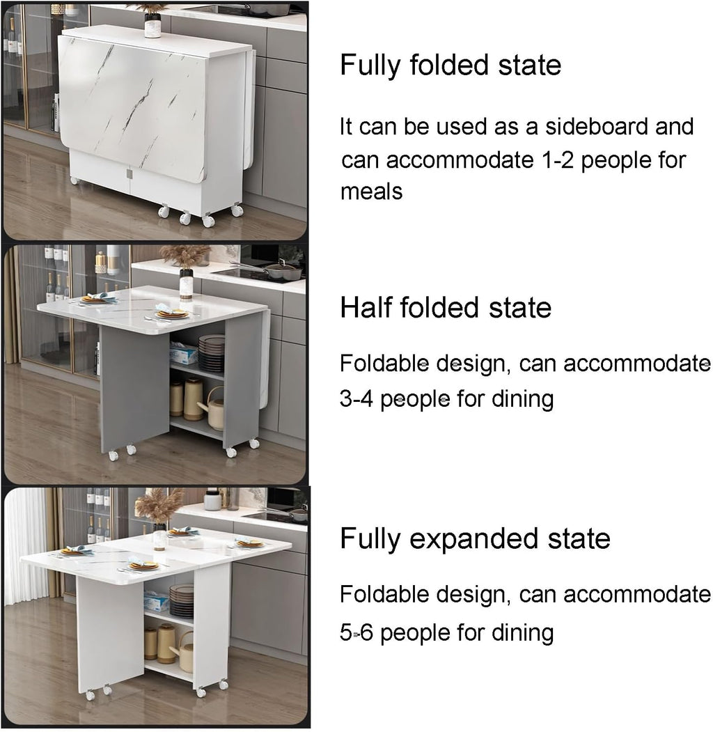 Extendable Drop Leaf Folding Dining Table with 8 Wheels and 2-Layer Storage Shelf G564