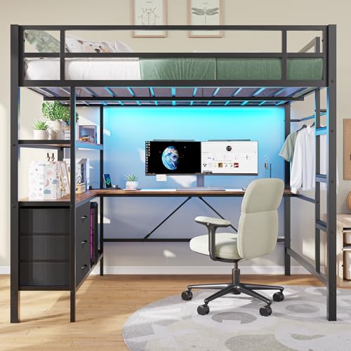 Full Size Loft Bed with L-Shaped Desk and Charging Station Metal Bed Frame with LED Lights B38506