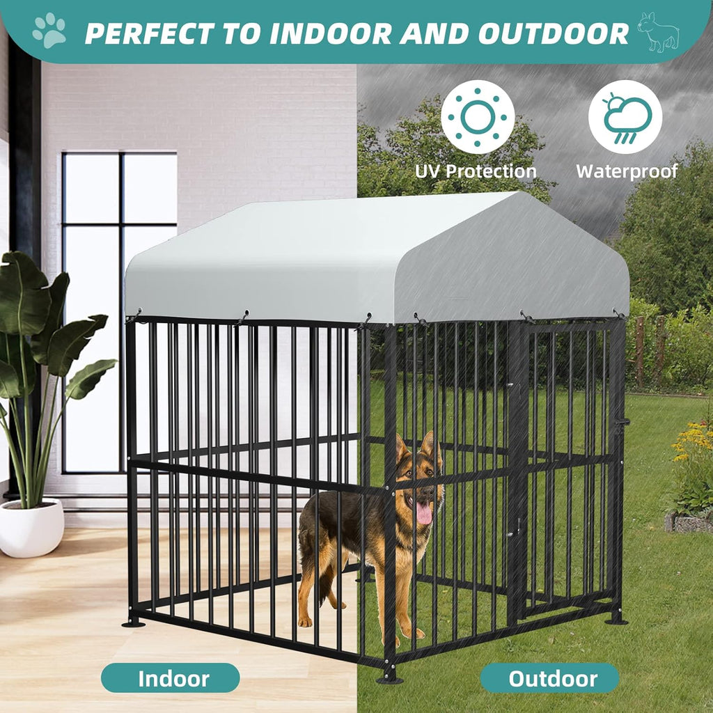Large Outdoor Metal Dog Kennel with Top Cover, 4'L x 4'W x 5'H H577422