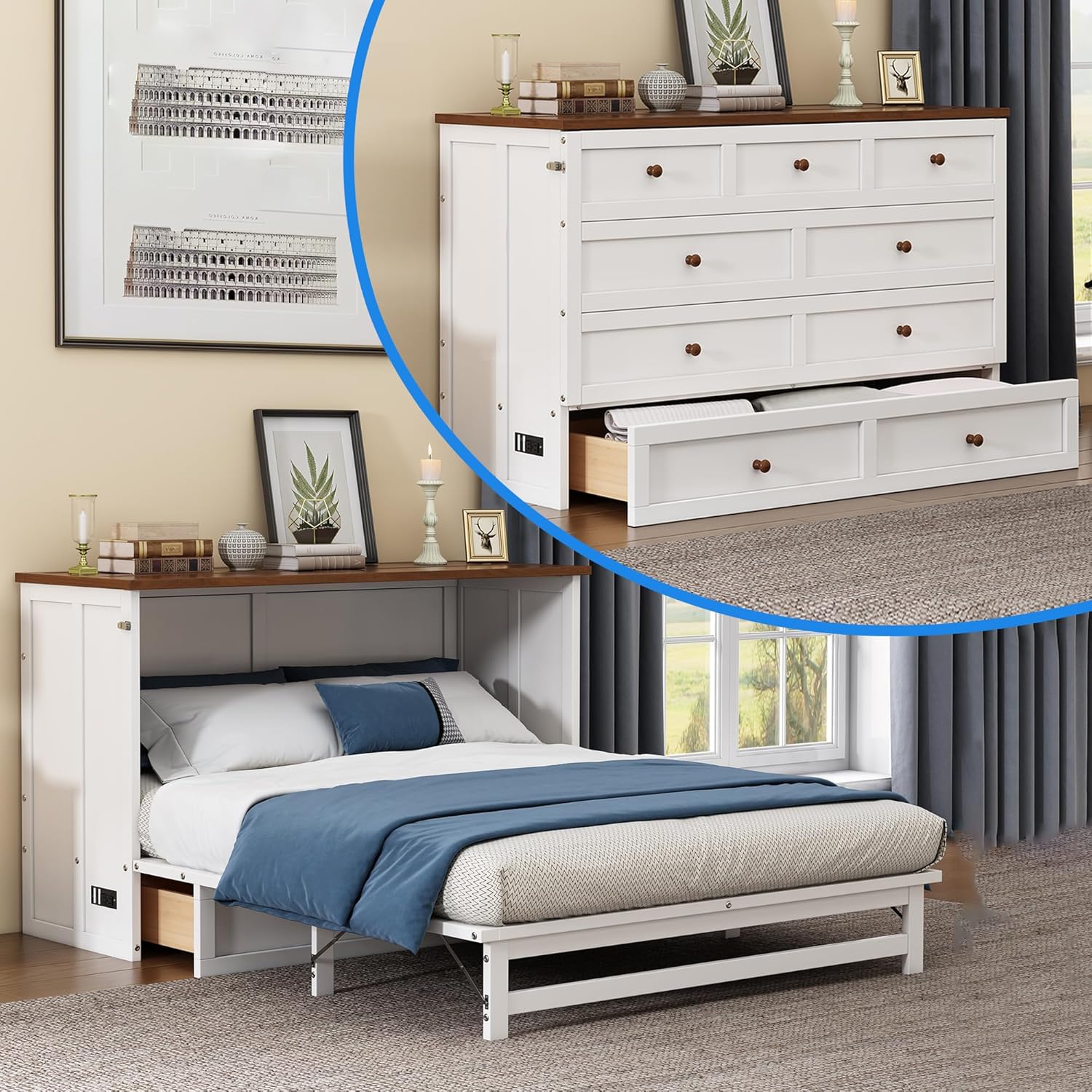 White Walnut Wood Queen Murphy Bed with Storage Drawers M753