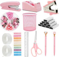Pink Office Supplies Set with Stapler, Tape Dispenser, Pen Holder, 1000 Staples V7265