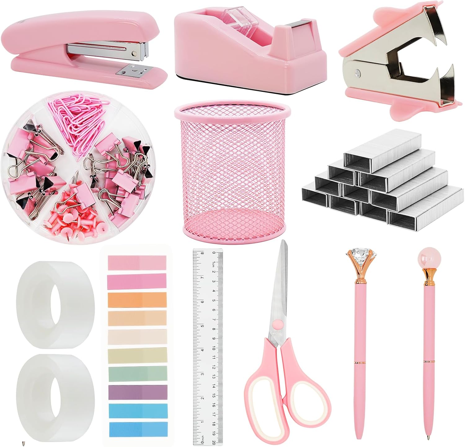 Pink Office Supplies Set with Stapler, Tape Dispenser, Pen Holder, 1000 Staples V7265