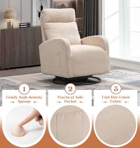 White Teddy Upholstered Swivel Rocking Nursery Chair with Side Pocket and High Backrest F36071