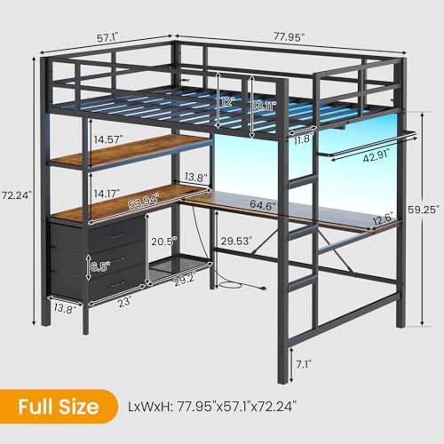 Full Size Loft Bed with L-Shaped Desk and Charging Station Metal Bed Frame with LED Lights B38506