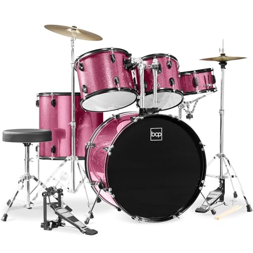 5-Piece Full Size Complete Adult Drum Set with Cymbal Stands, Stool, Drum Pedal, Sticks, Floor Tom - Dark Blue Sparkle C54825