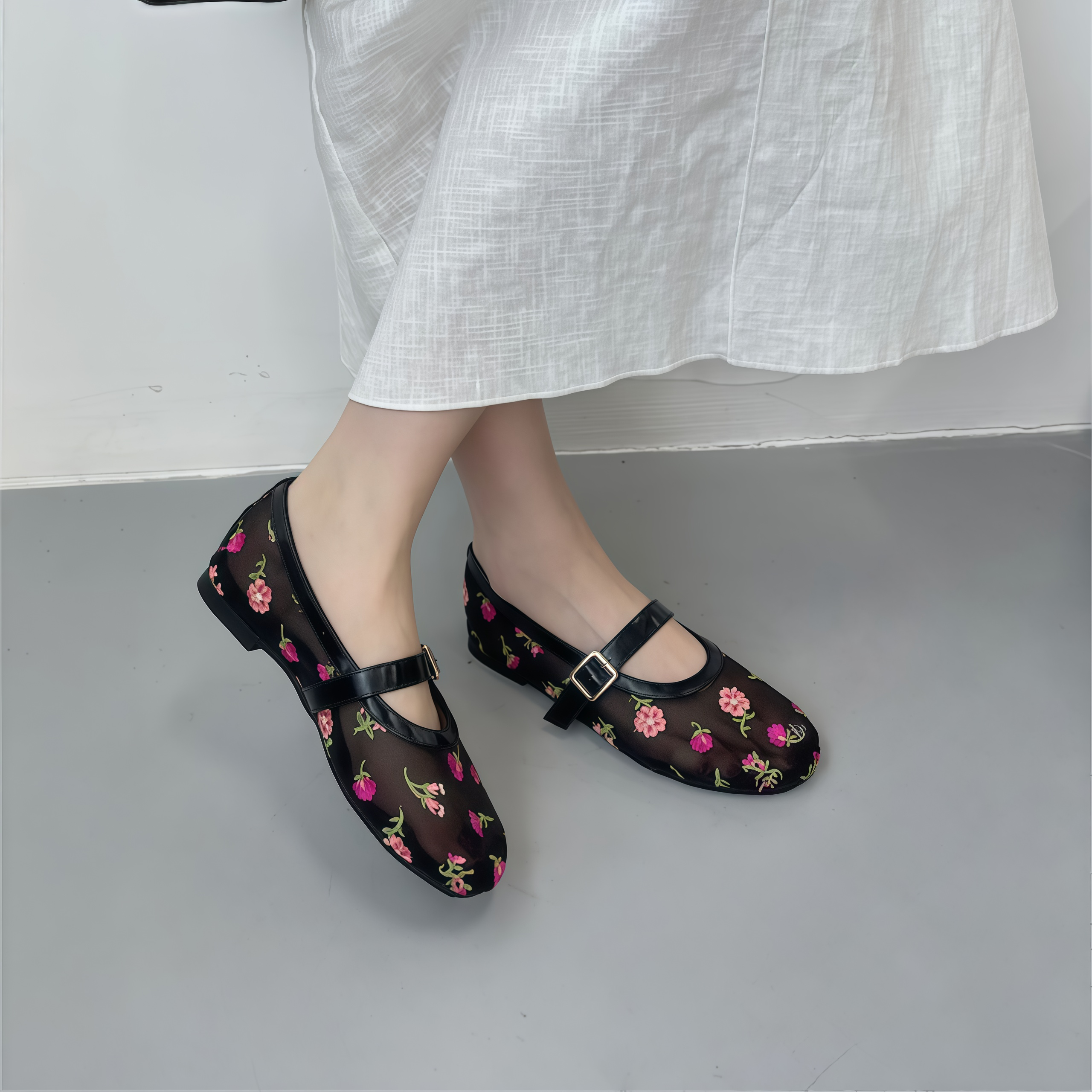 Women's Floral Embroidered Mesh Mary Jane Flats with Buckle Strap