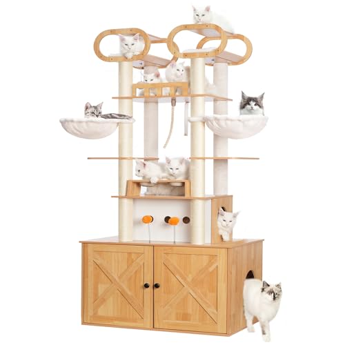 76.8-inch Wooden Cat Tree with Litter Box Enclosure and Scratching Post G229227