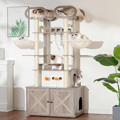 76.8-inch Wooden Cat Tree with Litter Box Enclosure and Scratching Post G229227