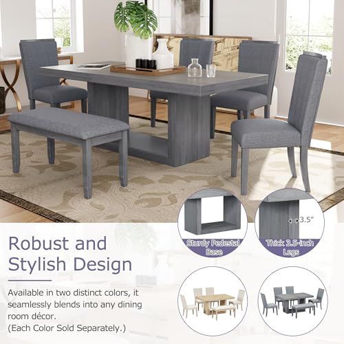 6-piece Dining Table Set of 4 Upholstered Chairs & 1 Bench with 78inch Extendable Pedestal, Beige X9471
