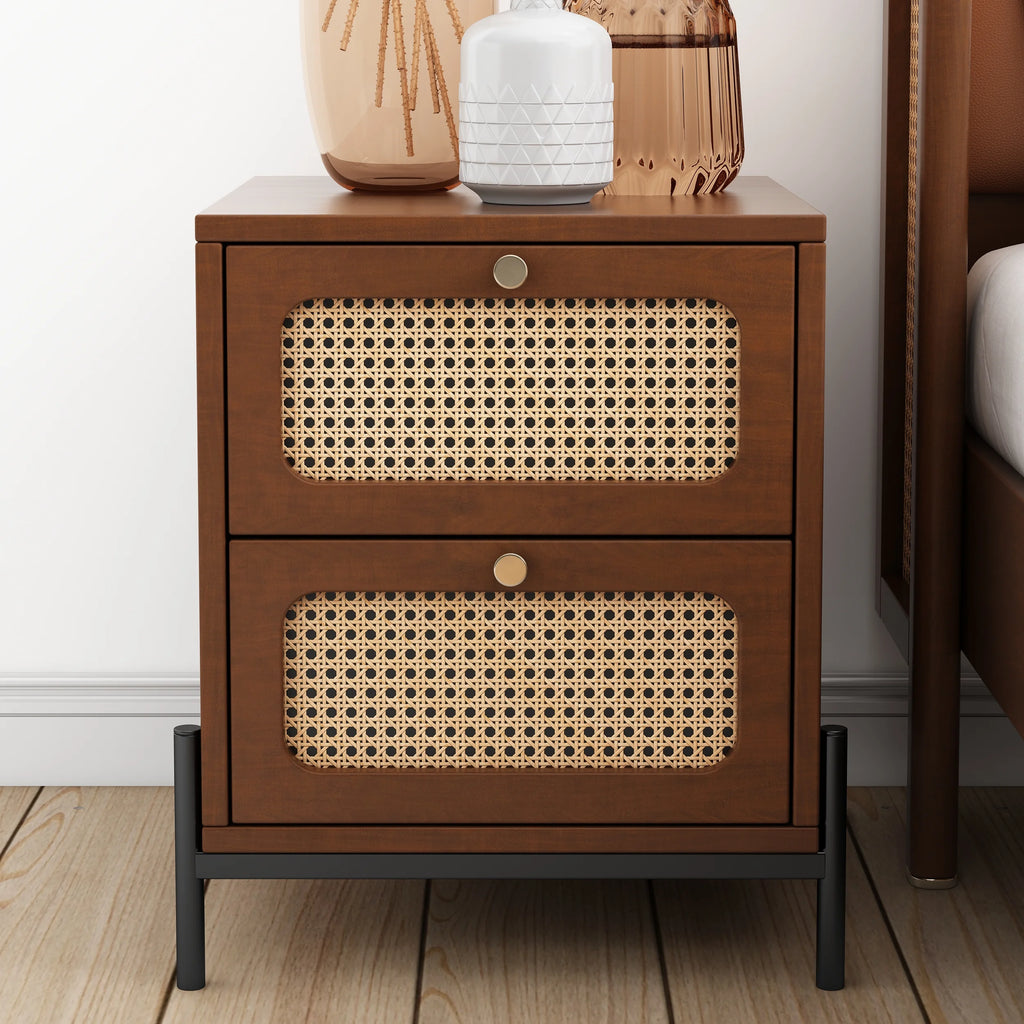 Walnut Rattan Wood 2-Drawer Side Table C290