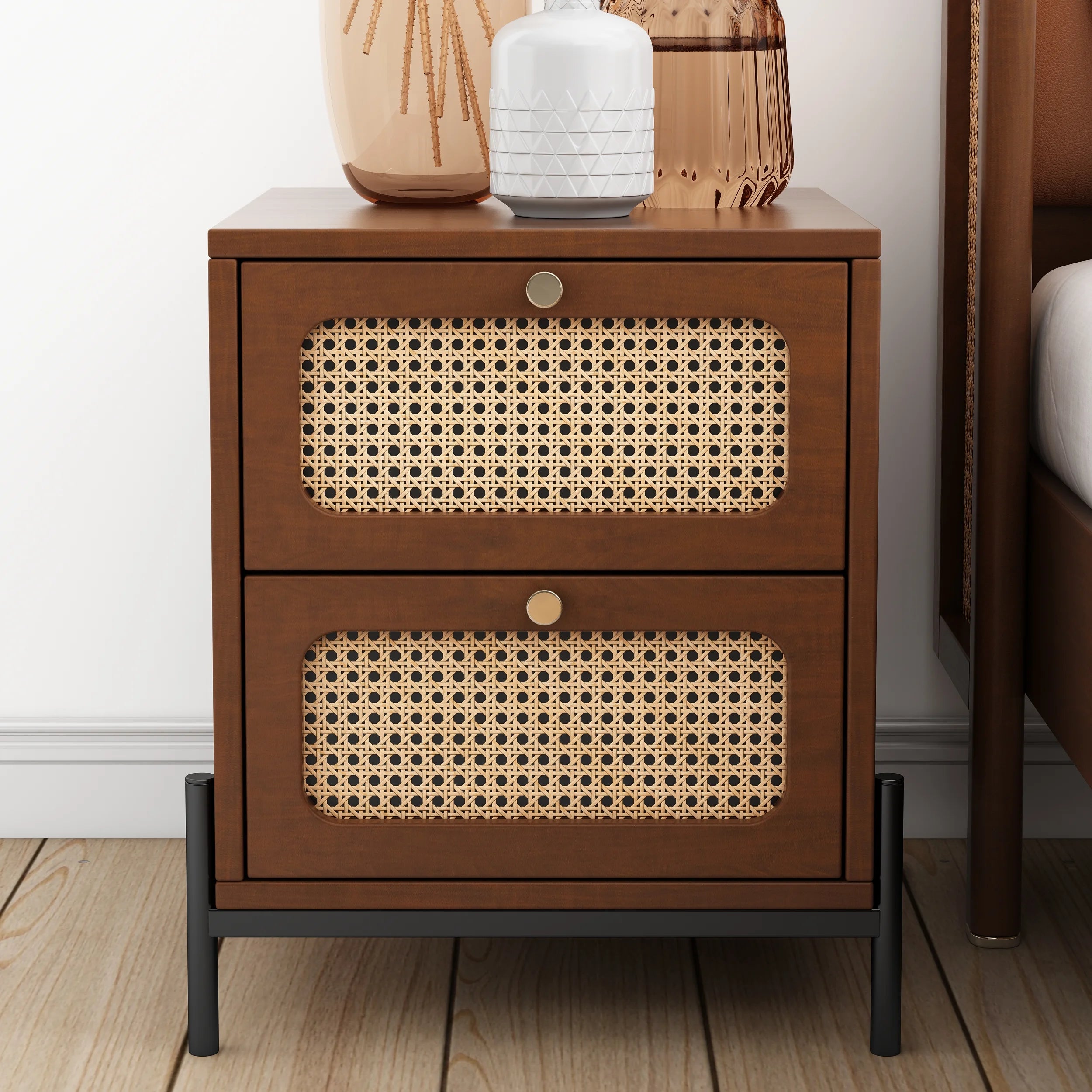 Walnut Rattan Wood 2-Drawer Side Table C290