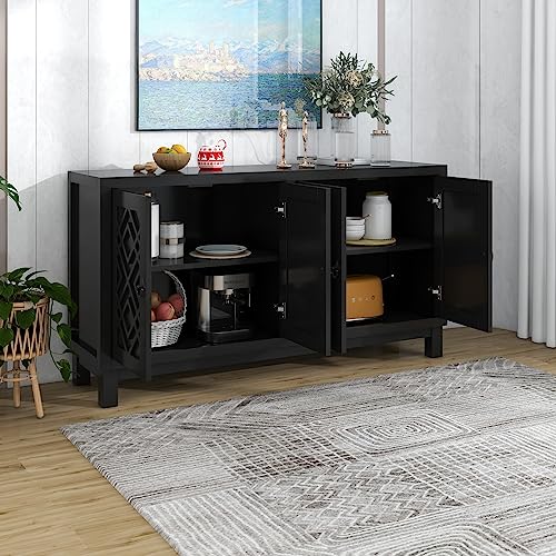 Black Farmhouse Buffet Sideboard with Adjustable Shelves and 4 Doors Wood Cabinet Y982139