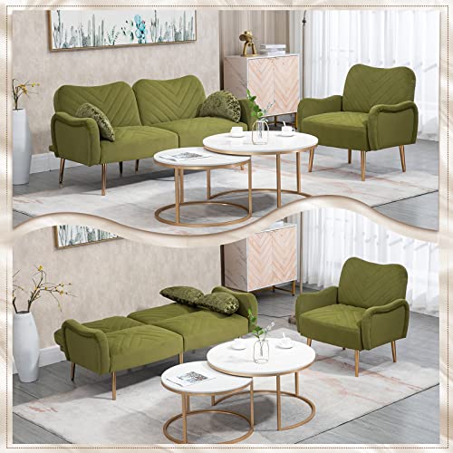 Beige Velvet Convertible Futon Sofa Bed with 2 Pillows Q4414