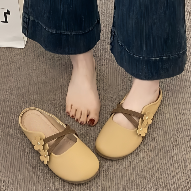 Flower Decor Flat Mule Slippers - Cross Strap Design