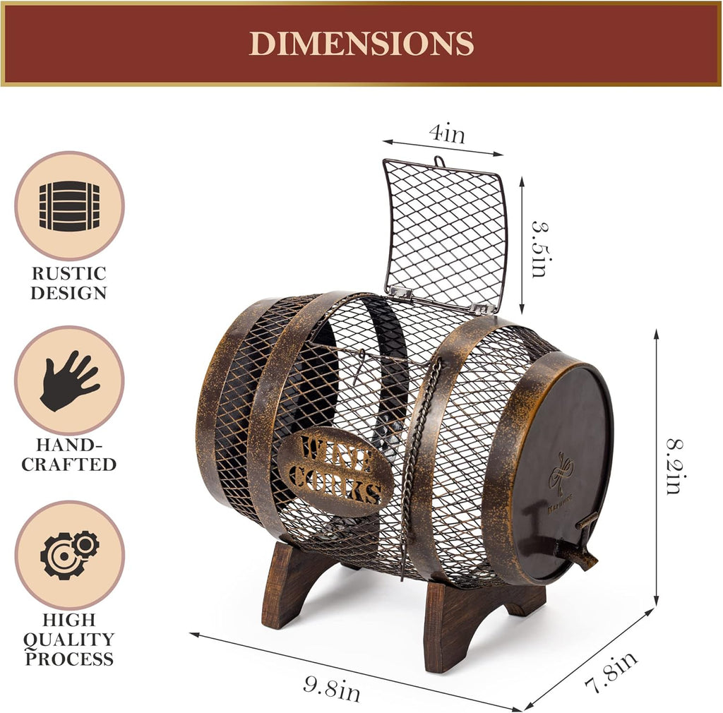 Rustic Metal Large Barrel Wine Cork Holder Display On Wooden Stand L42063