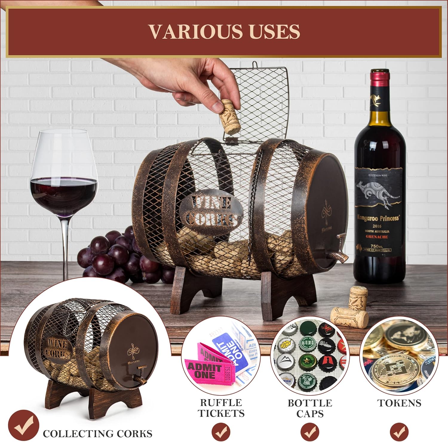 Rustic Metal Large Barrel Wine Cork Holder Display On Wooden Stand L42063